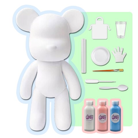 DIY CREATE YOUR OWN UNIQUE ACRYLIC FLUID POURING PAINT BEAR (9 inch - 23 cm) COMPLETE SET, colors: White, Light-Pink, Light-Blue. Arts and Crafts, Customize Handmade Creative Birthday Gift
