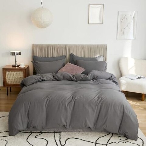 Luna Home Single Size 4 Pieces Bedding Set, Washable Cotton Dark Gray Color