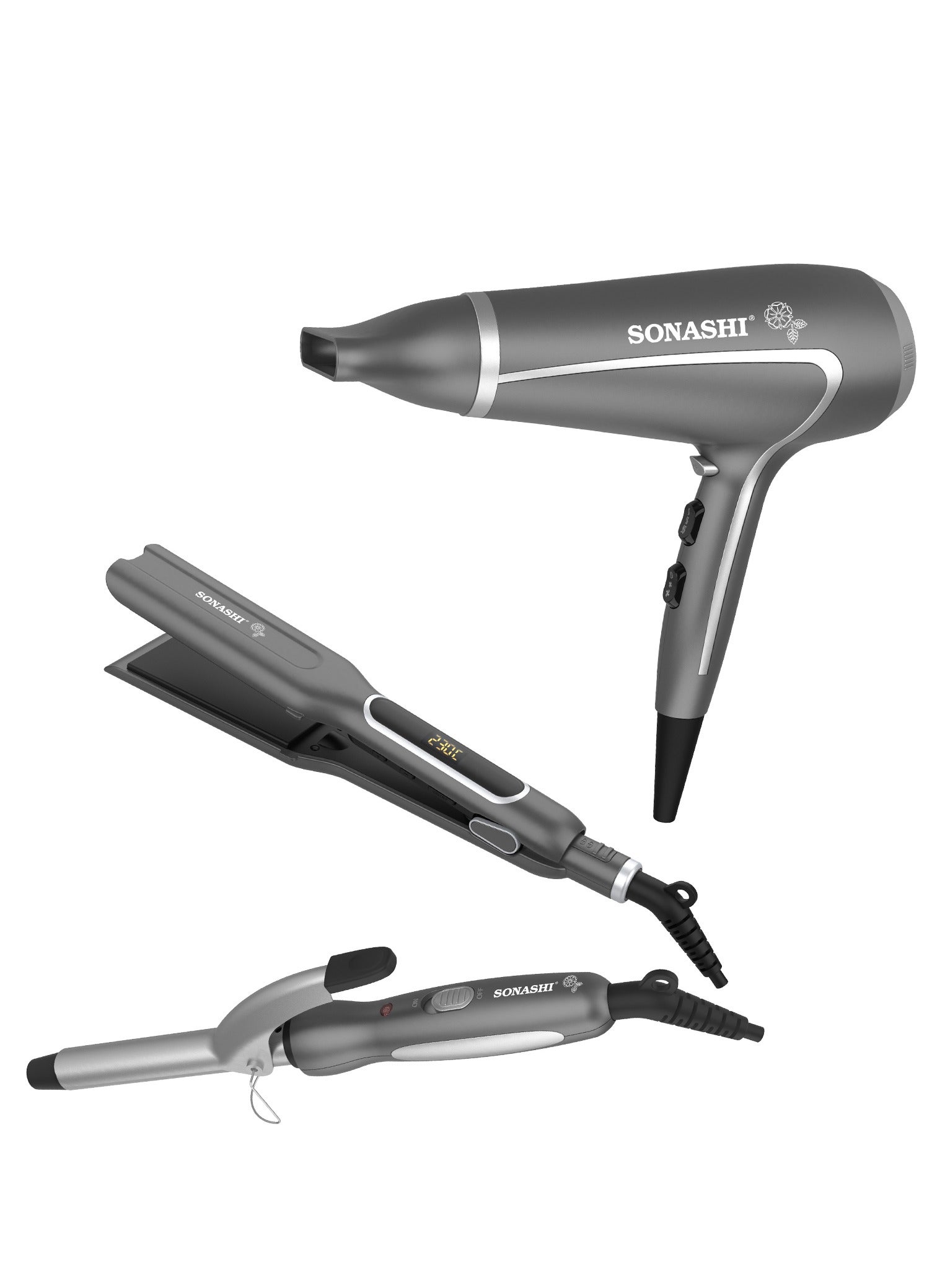 Sonashi 3 In 1 Hair Dressing Combo Gift Set SBS-800 Grey (Hair Dryer, Hair Straightener &amp; Hair Curler Bundle)