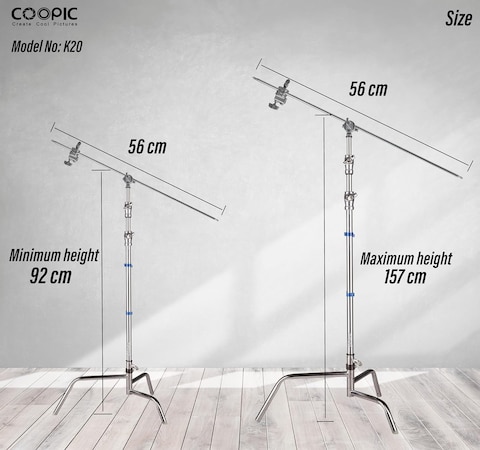 COOPIC King Series 100% Stainless Steel Heavy Duty C Stand with Boom Arm, Max 157cm Photography Light Stand with 56cm Holding Arm, 2 Grip Head for Studio Mono light, Soft box, Reflector(K20)