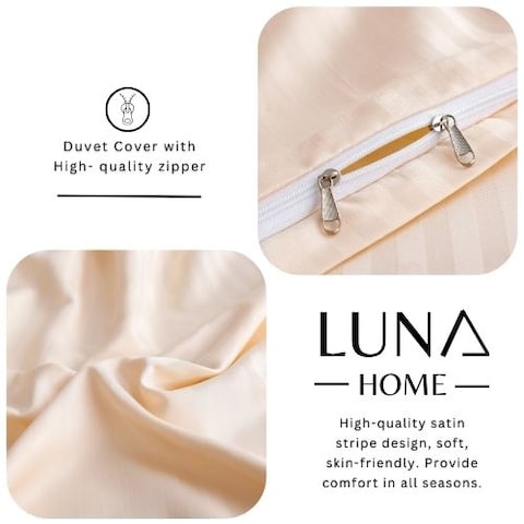 Luna Home King Size 6 Pieces Premium Satin Stripe Duvet Cover, Solid Cream