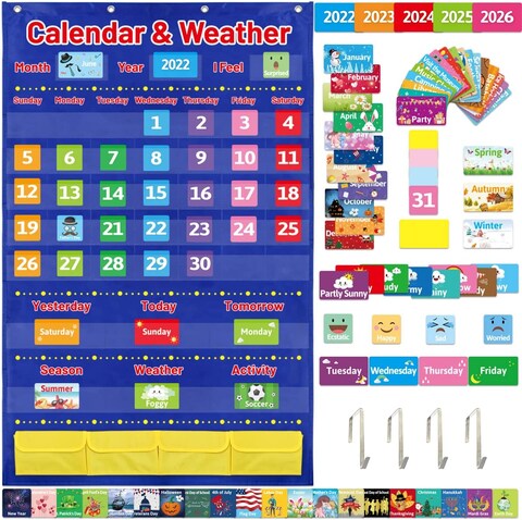 Calendar and Weather Pocket Chart with 112 Cards for Kids Homeschool Calendar School Calendar Classroom Supplies Large 44.5&quot; x 28.3&quot;