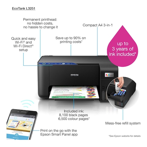 Epson EcoTank L3252 A4 Wi-Fi All-in-One Ink Tank Printer Black