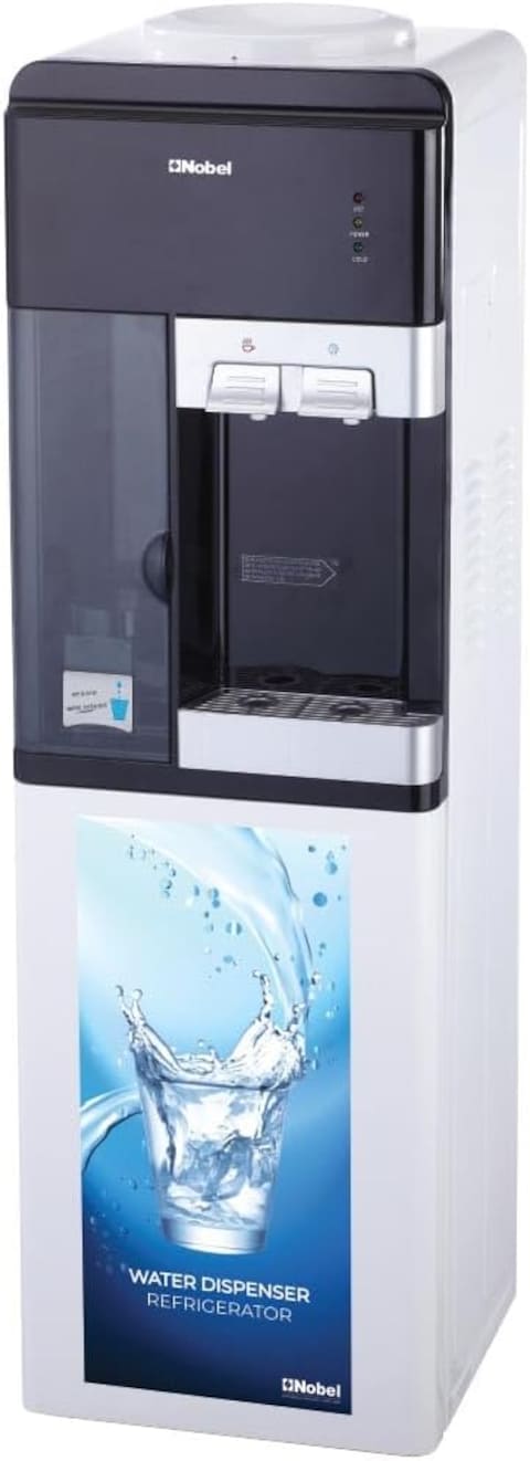 Nobel Hot &amp; Cool Two Tap Water Dispenser Free Standing With Refrigerator, Hot &amp; Cold Function With Cup Storage And Excess Water Tray, Hot &amp; Cold Switch Button NWD1606R White 1 Year Warranty