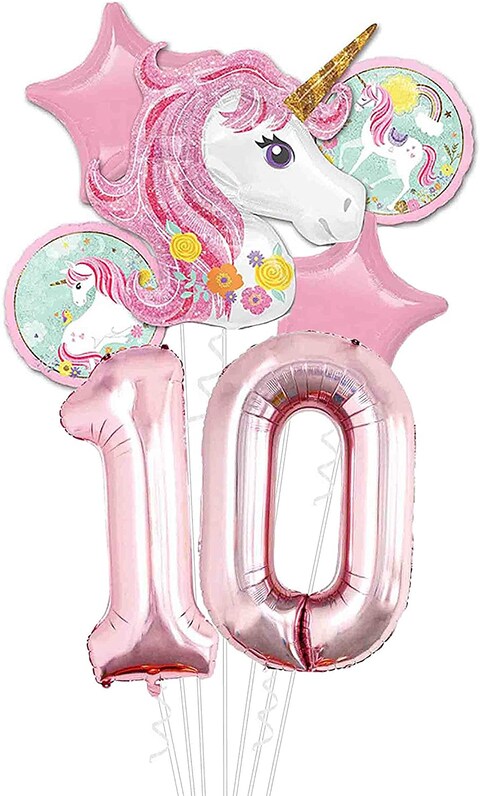Party Time Pink Unicorn 10th Birthday Balloon Decorations, Foil Balloon Set Pack of 7 - Number 10 Rose Gold Number Foil Balloon 40&quot; Unicorn Theme 10th Birthday Decoration Supplies