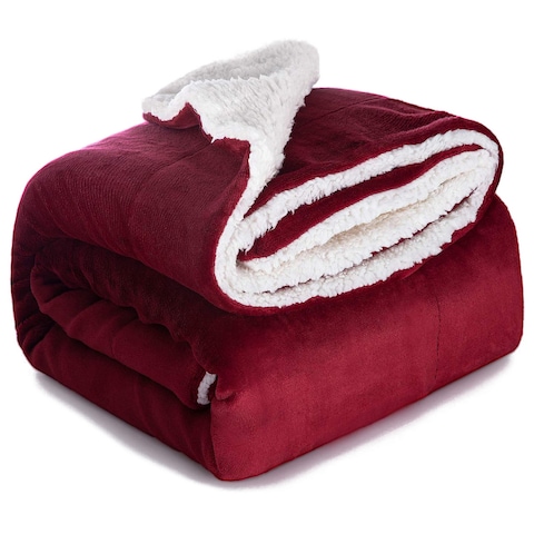 Fabienne Sherpa Blanket Single Size Twin Plush Throw Bed Blanket, 160X220cm, Flannel Fleece Reversible Lamb Blanket, Maroon