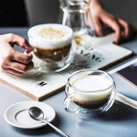 1CHASE Double Wall Insulated Glass Cup With Handle 250ml For Espresso Coffee Milk Tea - Set Of 6