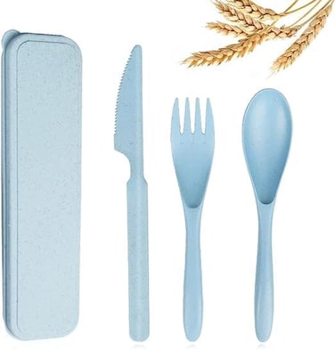 PrecisionWare Reusable Travel Utensils Set With Case, Wheat Straw Portable Knife Fork Spoons Tableware, Eco-Friendly BPA Free Cutlery For Kids And Adults As Travel, Blue - Set Of 3