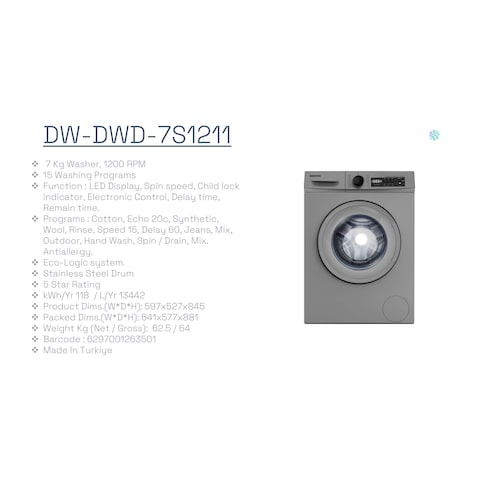 دايو غسالة بتحميل أمامي 7 كغ DW-DWD-7S1211 - فضي