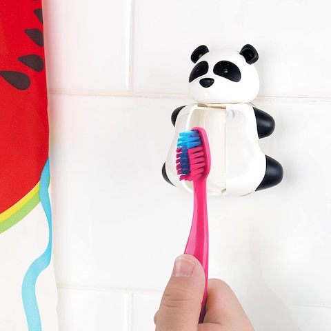Flipper Hygienic Kids Toothbrush Holder With Suction Cups, One Touch Open &amp; Close, includes Soft Bristle Toothbrush, Made In Malaysia, Fun Animal Panda, 3Y+