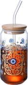 1CHASE Borosilicate Evil Eye Printed Drinking Glasses With Bamboo Lid And Glass Straw, 550ml, Mason Jar, Can Shaped Tumblers - Set Of 2