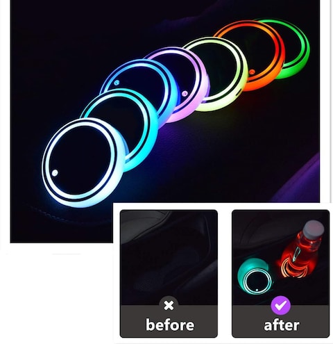 SHOWAY LED Car Cup Holder Lights, 7 Colors Changing USB Charging Mat Luminescent Cup Pad,Luminescent Cup Pad Interior Atmosphere 2pcs Interior Atmosphere