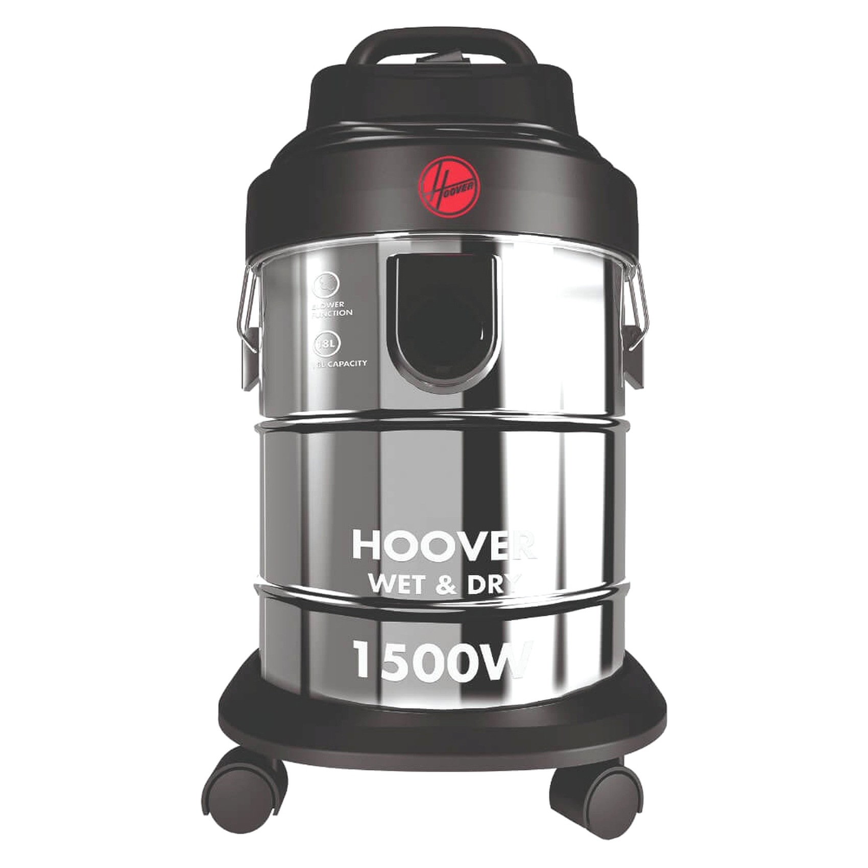 Hoover Wet &amp; Dry Drum Vacuum Cleaner 18 Litre Capacity, Powerful 1500W For Home &amp; Office Use, Steel &amp; Black, 1 Year Warranty - HDW1-ME