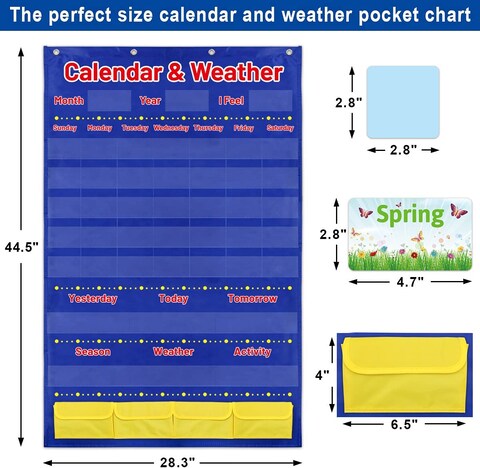 Calendar and Weather Pocket Chart with 112 Cards for Kids Homeschool Calendar School Calendar Classroom Supplies Large 44.5&quot; x 28.3&quot;