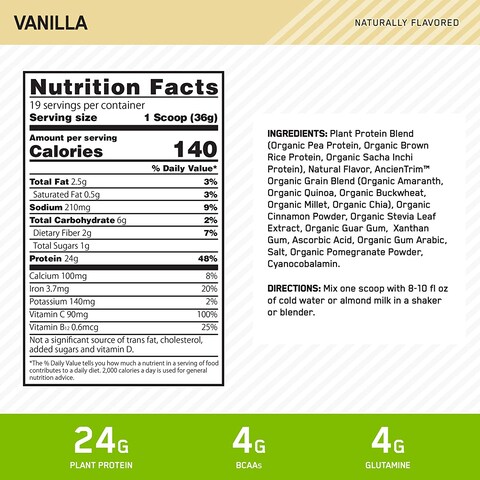 Optimum Nutrition (On) Gold Standard 100% Plant Based Protein Powder, Vitamin C For Immune Support - Vanilla, 1.51 Lbs