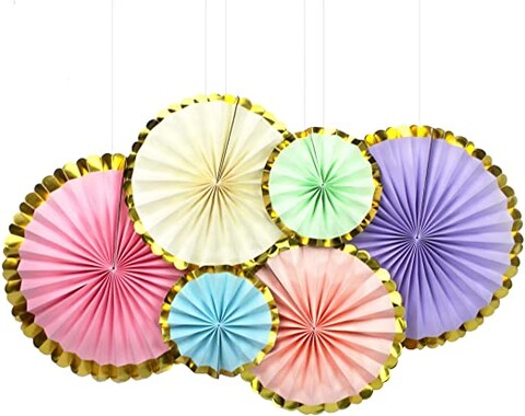 Thepartypopper - Pastel Mix With Gold Edging Hanging Paper Decoration Fan Set Of 6 For Birthday Party, Baby Shower, Bachelorette, Wedding