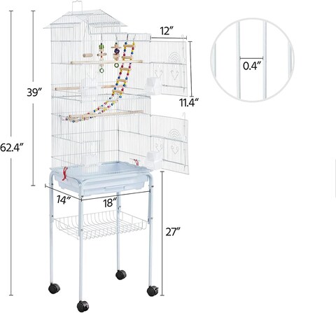 Egardenkart® Roof Top Large Bird cage with Rolling Stand for Cockatiel Sun Conure Parakeet (White)