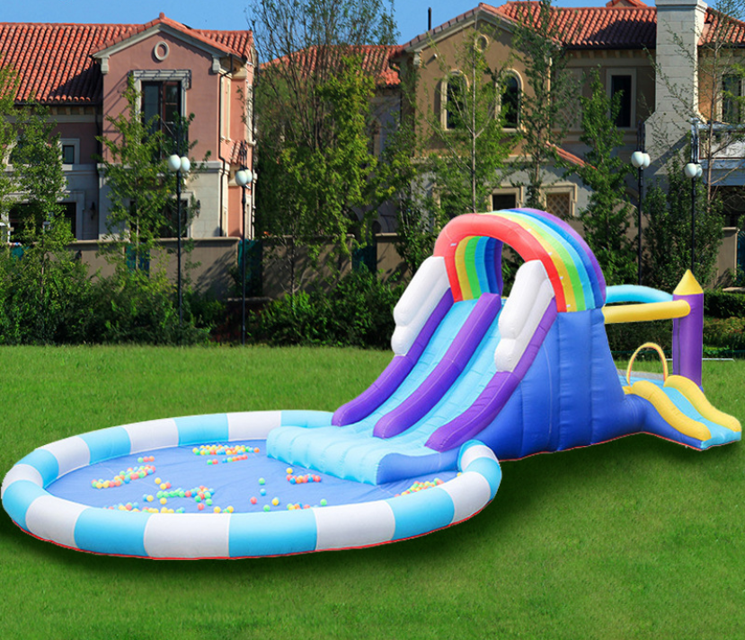 Rainbow Toys Inflatable Castles Rainbow Double Bouncy Slides Jumping Pad with Slide Household Children Recreation Inflatable Water Park Paddling Pool Water Spray