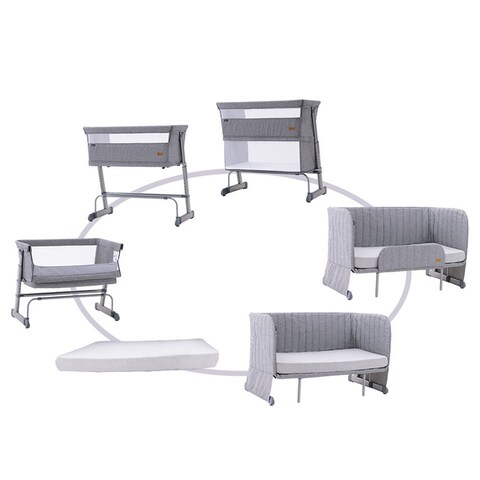 Teknum All In One, 0-4 Years Bedside Crib Cot &amp; Sofa Expansion Pack - Grey