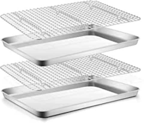 Baking Sheet Pan with Rack Set(2 Pans &amp; 2 Racks), Stainless Steel Cookie Sheets with Cooling Racks, Non-toxic &amp; Commercial Grade, Thick &amp; Rolled Rim, Rust-free &amp; Dishwasher Safe (40x30cm)
