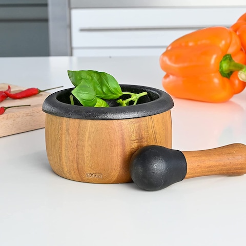 Adhoc Mo20 Crush Pestle &amp; Mortar, Cast Iron/Acacia Wood, Spice Grinder/Herb Grinder, (H)75mm X (D)130mm, Brown/Black