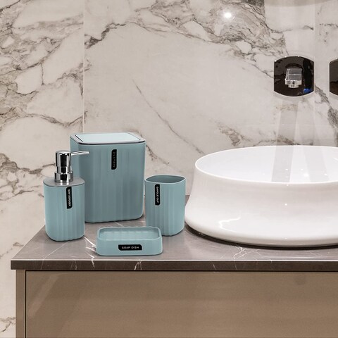 Generic Bathroom Accessory Set - 4 Piece Grey Bathroom Accessories Set With Trash Can, Soap Dish, Soap Dispenser, Toothbrush Cup, Bathroom Decor Sets With Desktop Small Trash Can - Blue Stripe