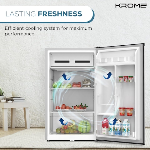 Krome 120L Single Door Refrigerator, Energy Class E/F, Ideal For Small Spaces, Reversible Door, Mini Fridge Suitable For Kitchen, Bedroom, Office &amp; Bar, Inox Silver, KR-RDC120H