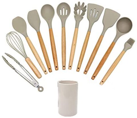 Generic 11 Pieces Natural Wooden Handles Tools Silicone Cooking Utensils Kitchen Tongs Spatula Spoon For Nonstick Cookware Best (Bpa Free, Non Toxic) Utensil Set Turner