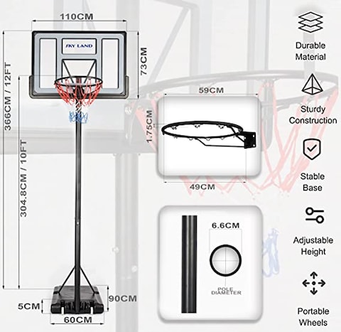 SKY LAND Sports Basketball Hoop   Basketball Goal on Wheels Adjustable Height 5 - 10 FT, 44&quot; Backboard For Adults &amp; Kids, Outdoor Basketball Stand, EM-1873