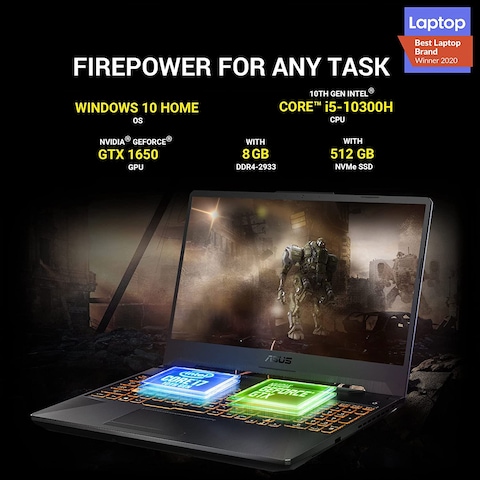 Asus TUF F15 FX506LH Gaming Laptop 15.6 FHD 144Hz, Intel i5-10300H, 8GB RAM, 512GB SSD, 4GB NVIDIA GeForce GTX 1650, Windows 10, Grey