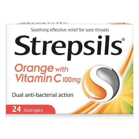 Strepsils Orange with Vitamin C Dual Anti-Bacterial Action Fast Effective Relief from Sore Throats 24 Lozenges