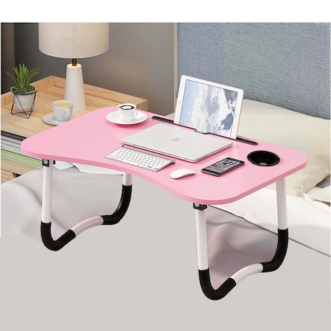 LINGWEI Foldable Laptop Table Bed Table Bed Tray  Laptop Desk Reading Table Stand Portable Lap Desk Notebook Stand Laptop Stand with Ipad and Cup Holder Pink