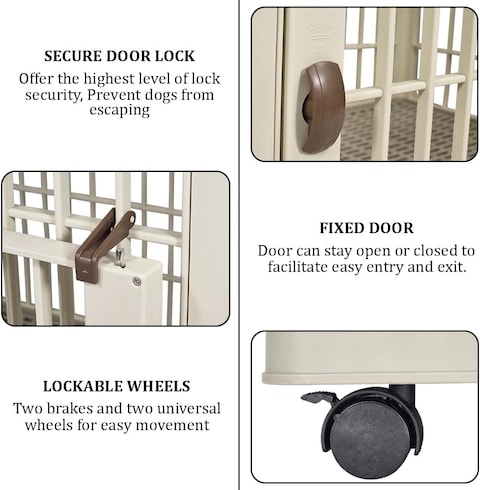 Dog cage with Open-top design, Lockable doors, and Universal wheels, Durable plastic dog crate kennel for medium and large dogs, suitable for indoor &amp; outdoor 82 cm (Khaki)