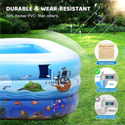 HEXAR&reg; Inflatable Swimming Pool Kiddie Pool Large Size Blow Up Swimming Pool for Family Adults Kids Toddler Giant Rectangle Lounge Blowup Pool for Indoor Outdoor Backyard Ground (210 X 150 X 60 CM)