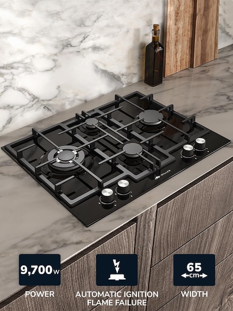 MILLEN 65 cm Built In Black Glass Gas Hob with SABAF Burners -3 Years Warranty, MGHG 6502 BL