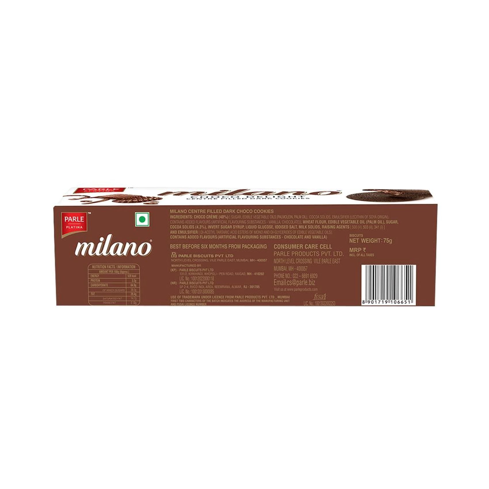 Parle Milano Centre Filled Dark Choco Delight Cookies 75g