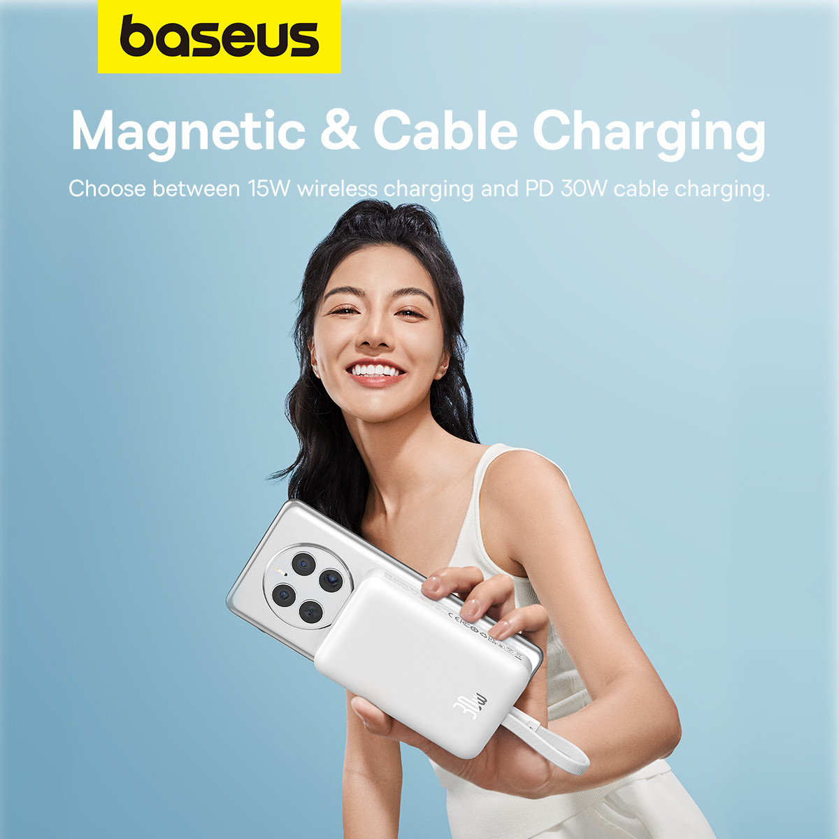 Baseus 10000 mAh Magnetic Power Bank, PD 30W Portable Charger 10K Battery Pack With Built-In USB-C Cable (In And Out) For iPhone 15/15 Plus/15 Pro/15 Pro Max/14/13/For Magsafe MacBook iPad Etc White