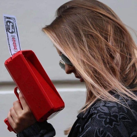 Generic Money Gun Red Can Be Sprayed 50-100 Money Works On A 9 Volt Battery Which Is Included Manufacturer Make It Rain Us Dollars