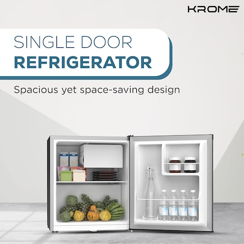 Krome 60L Single Door Refrigerator, Energy Class A+, Ideal for Small Spaces, Reversible Door, Mini Fridge Suitable For Kitchen, Bedroom, Office &amp; Minibar, Silver, KR-RDC60H