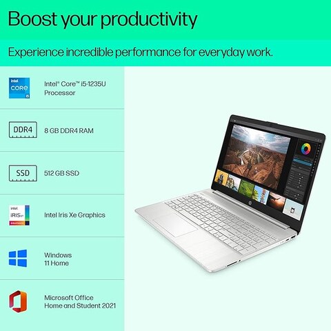 HP Laptop 15s, 12th Gen Intel Core i5-1235U, 15.6-Inch (39.6cm), FHD, 8GB DDR4, 512GB SSD, Intel Iris Xe Graphics, Backlit KB, Thin &amp; Light (Win 11, MSO 2021, Silver, 1.69 kg), fq5111TU