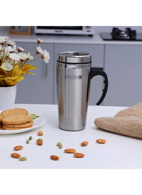 Eco-friendly Reusable Double Wall Leakproof Coffee Travel Mug With Handle And Compact Lid Silver 470ml