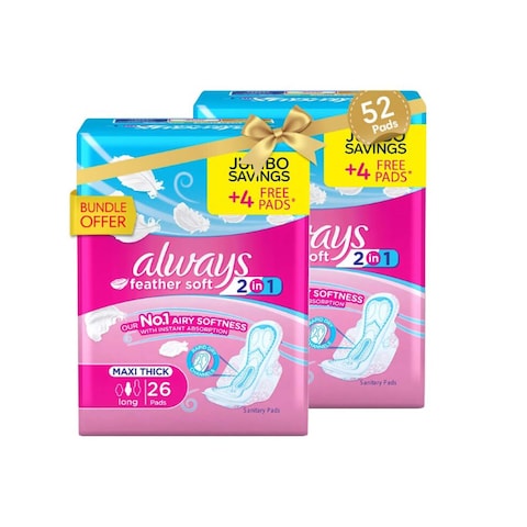 Always 2 in 1 Feather Soft Long Sanitary Pads with Wings - Maxi Thick - 52 Pads