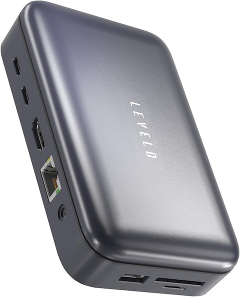 Levelo Versaport 10-In-1 Storage Docking Station: USB-C 3.2 10Gbps, USB 3.0 5Gbps, 100W PD Charging, RJ45 Gigabit Ethernet, Mic/Audio 2-In-1, 4K@60Hz HDMI, Sim Card Tool Set