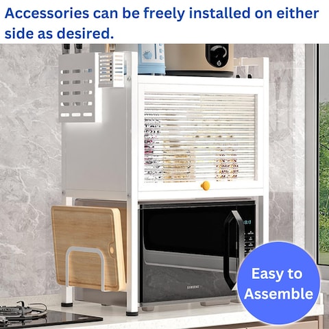 HEXAR&reg; Microwave Oven Rack Heavy Duty Stand Kitchen Counter Top Storage Organizer 3-Tier with Hooks and Utensils Holder Microwave Shelf Double Layer Dustproof Oven Rack &ndash; WHITE