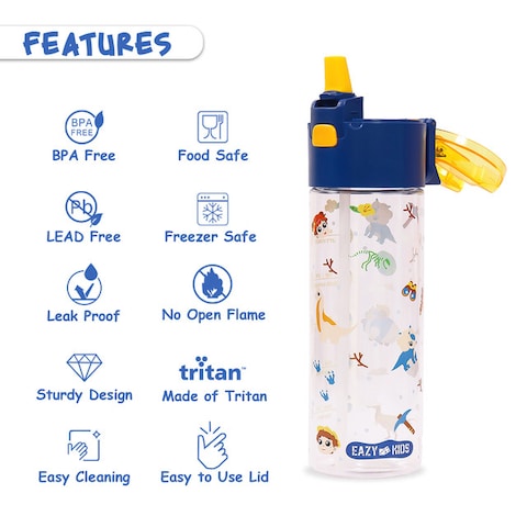 Eazy Kids Tritan Water Bottle w / Snack Box, T - Rex - Blue, 450ml