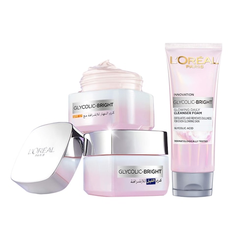 L&#39;Oreal Paris Glycolic-Bright Day Cream SPF17 50ml With Glowing Night Cream 50ml And Daily Cleanser Foam 50ml