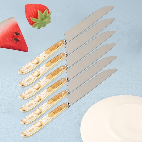 Ramadan Design Heavy Duty Ceramic Handle  Dinner Knives Set of 6 Stainless Steel Butter， Spreader Cheese Knife ，Table Knifes， Silverware Butterknives，Steak Knives，Fruit Knife -Gold And White Color
