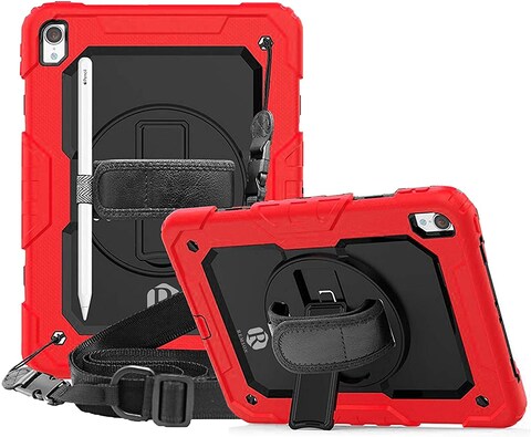 Remson Apple iPad Pro 11 (2018) Rugged Shockproof Drop Protection With 360 Rotating Kickstand/Shoulder Strap Case Cover (Red)