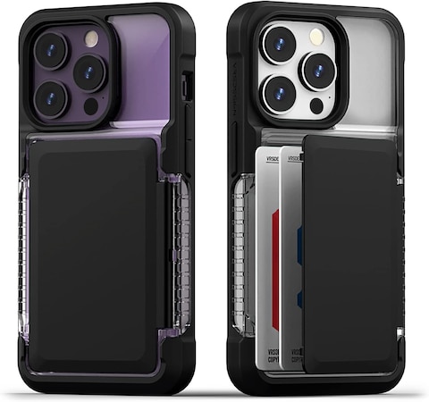 VRS Design Neo Flip designed for iPhone 14 PRO case cover wallet [Semi Automatic Snap door] Credit card holder Slot [2 cards] - Black