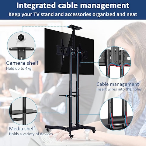 Mobile TV Stand Rolling TV Cart,Floor TV Stand Trolley for 32&rdquo; to 70&rdquo; LCD LED Flat Curved Screen Tilt Height Adjustable TV Stand Mounted with Wheels 2 Media...